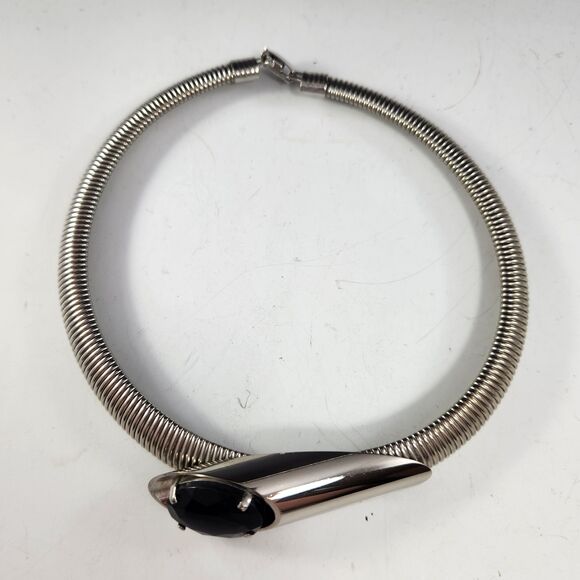 Choker Necklace Black Inset 1980s Deco Stainless Chrome Collar Snake Metal Coil - Picture 6 of 8